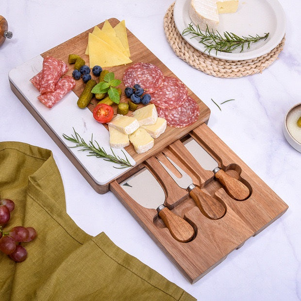 AnlarVo Acacia Wood Marble Cheese Board Set with Cheese Tools