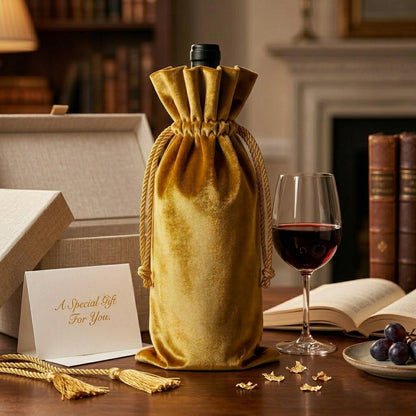 AnlarVo Golden Yellow Luxury Velvet Wine Gift Bag, Regular size, 7 Pack