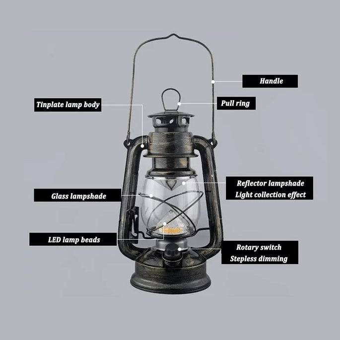 Retro Metal LED Camping Lantern, Warm Light, Battery Operated, Red