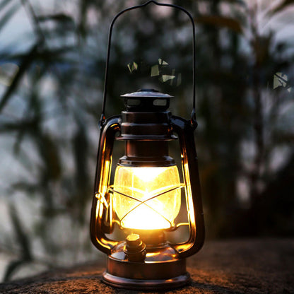 Retro Metal LED Camping Lantern, Warm Light, Battery Operated, Black