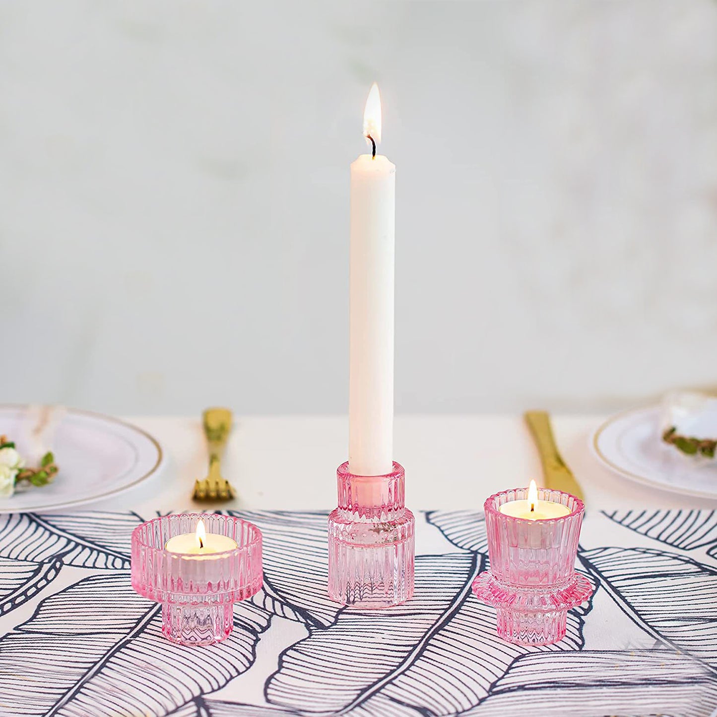AnlarVo Pink Vintage Set of 3 Glass Candle Holder