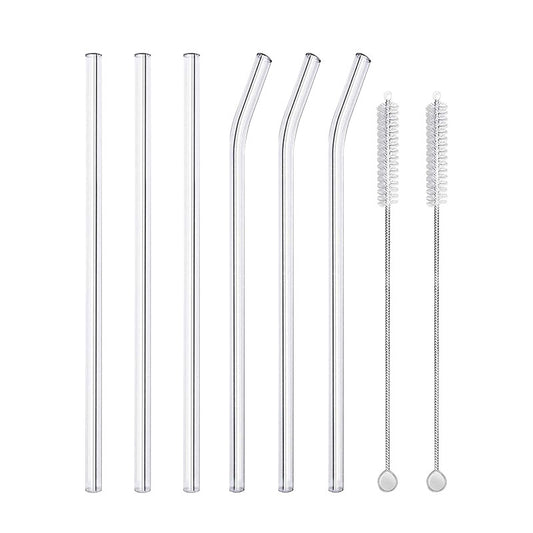 AnlarVo Reusable Glass Straws, set of 3 Straight and 3 Bent with 2 Cleaning Brushes